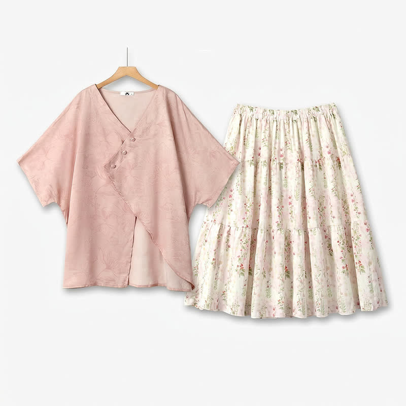 Bluse mit Fledermausärmeln in Übergröße und gestufter Midirock mit Blumenmuster (Set) - 2-teiliges Set - 6XL - image 0