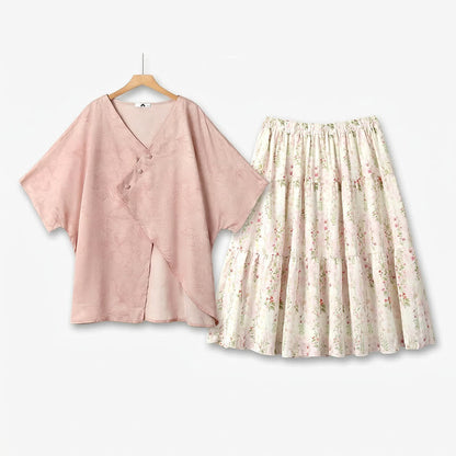 Bluse mit Fledermausärmeln in Übergröße und gestufter Midirock mit Blumenmuster (Set) - 2-teiliges Set - 6XL - image 0