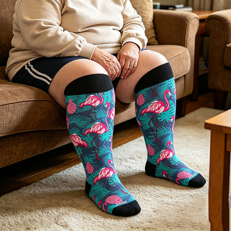 Kompressionsstrümpfe mit Flamingostreifen in Übergröße - Blau - 4XL - image 3
