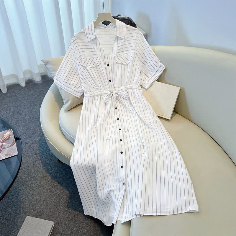 Gestreiftes Midikleid mit Gürtel in Übergröße - image 5