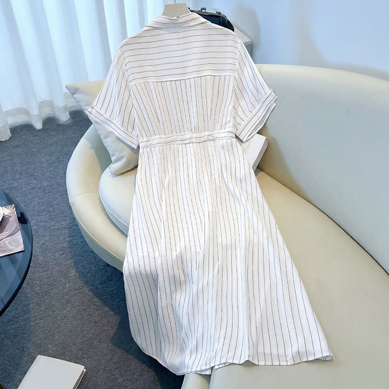 Gestreiftes Midikleid mit Gürtel in Übergröße - image 6