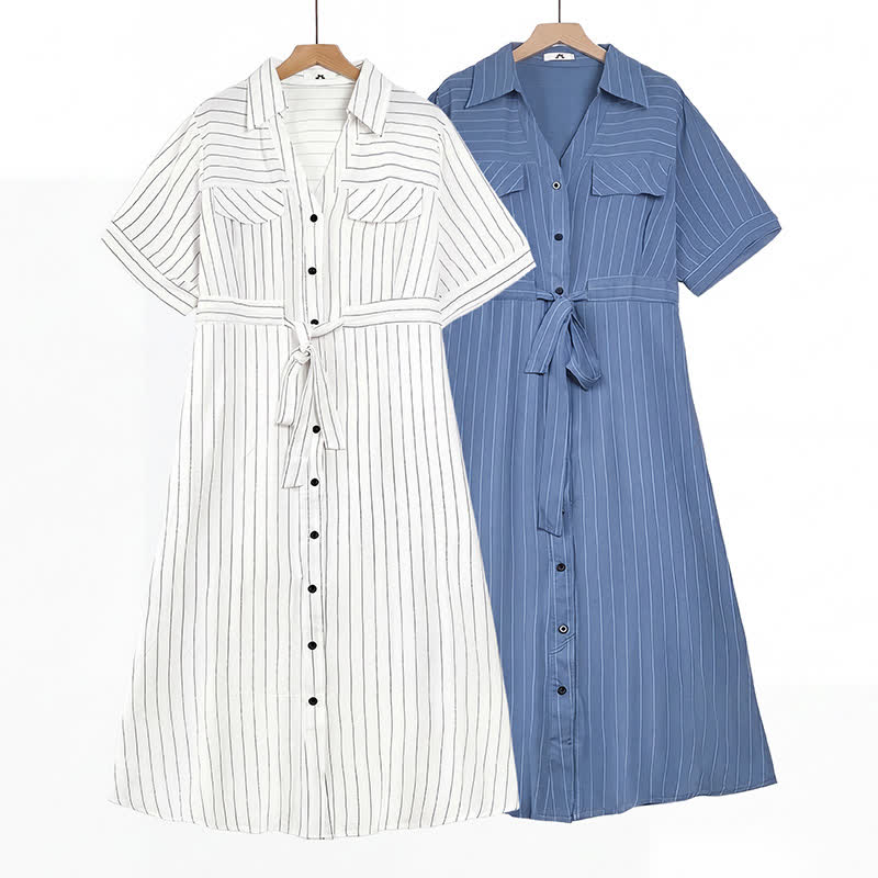 Gestreiftes Midikleid mit Gürtel in Übergröße - image 0