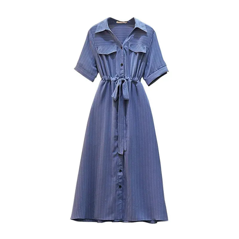 Gestreiftes Midikleid mit Gürtel in Übergröße - Blau - 6XL - image 8