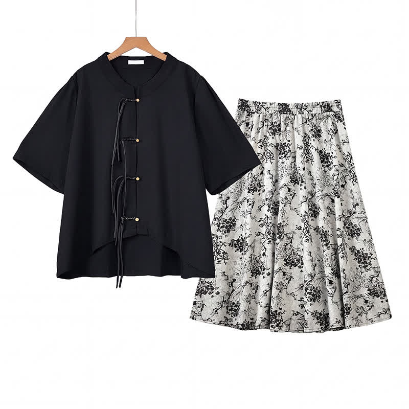 Plus Size Set aus Oberteil und Rock mit floralem Knotendetail in Tintenblau - 2-teiliges Set - 6XL - image 0