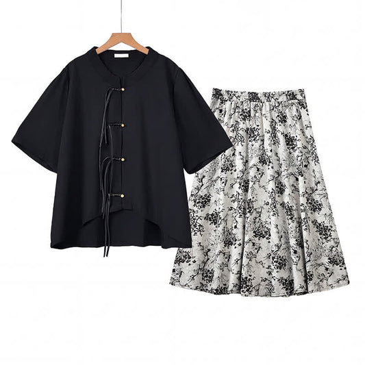 Plus Size Set aus Oberteil und Rock mit floralem Knotendetail in Tintenblau - 2-teiliges Set - 6XL - image 0
