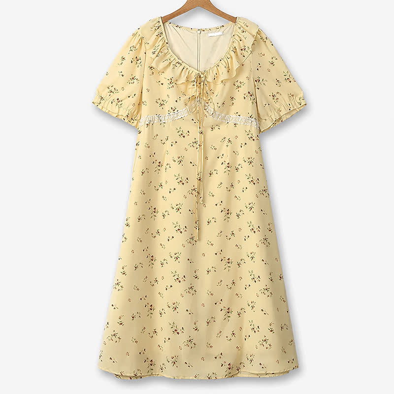 Plus Size Vintage Midikleid mit zartem Blumenmuster und Bindekragen - Gelb - 6XL - image 0