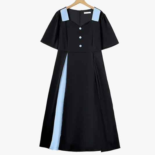Plus Size Alltags-Midikleid mit lockerem Puffärmeln und kurzen Ärmeln - Schwarz - 6XL - image 0