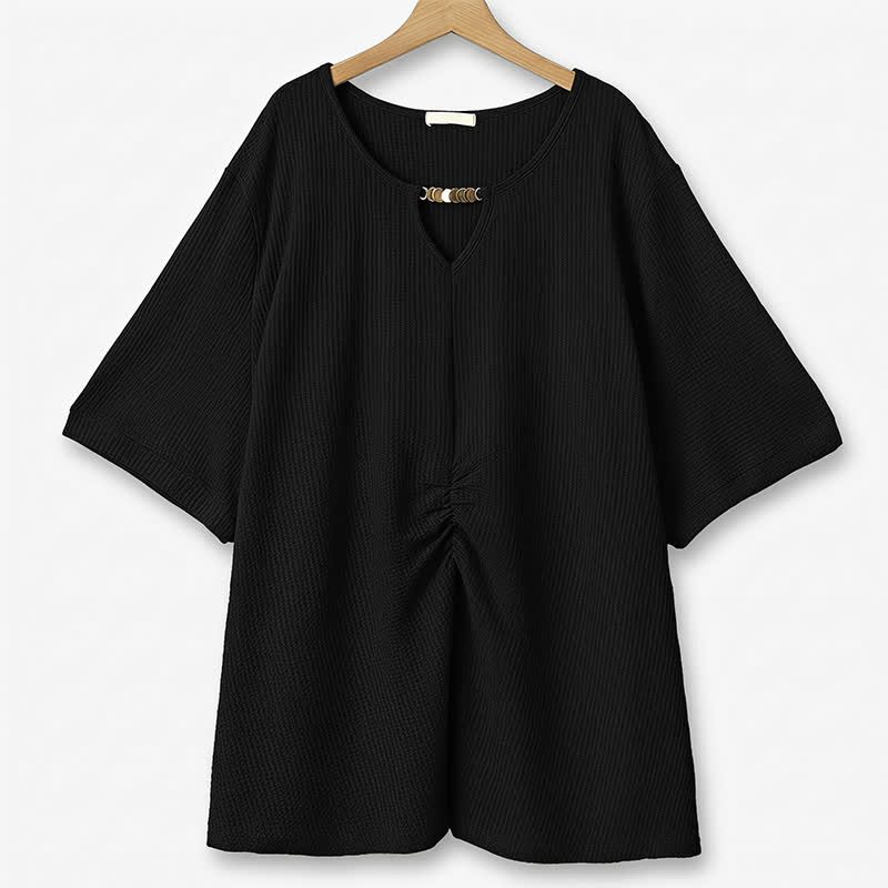Tunika-Top in Übergröße mit Struktur und Schlüssellochausschnitt, gerafft - Schwarz - 6XL - image 7