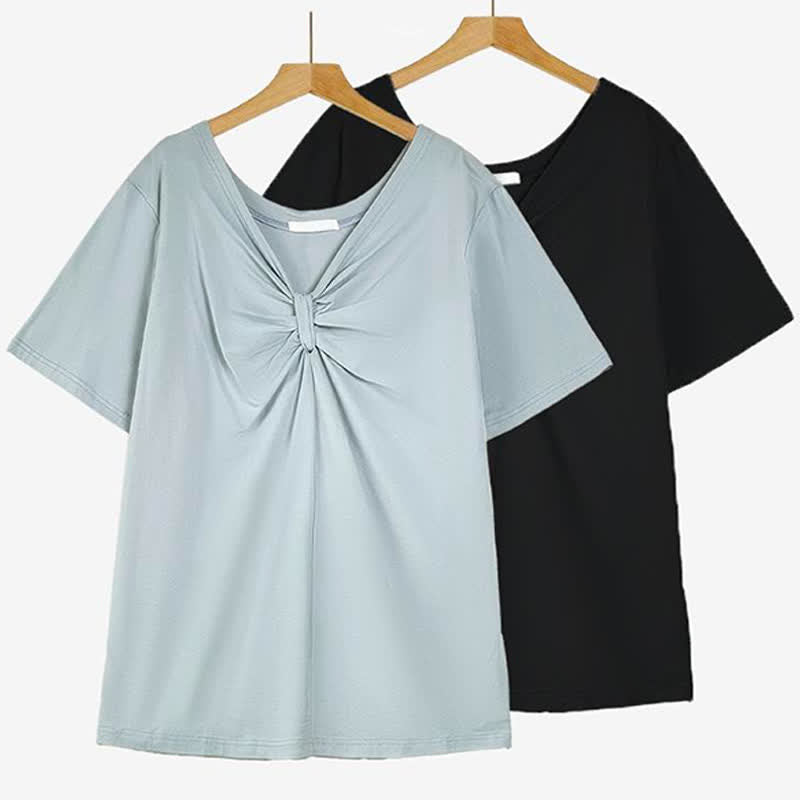 Plus Size Bluse aus dehnbarem Baumwollstoff mit Twist-Detail vorne und V-Ausschnitt - image 0