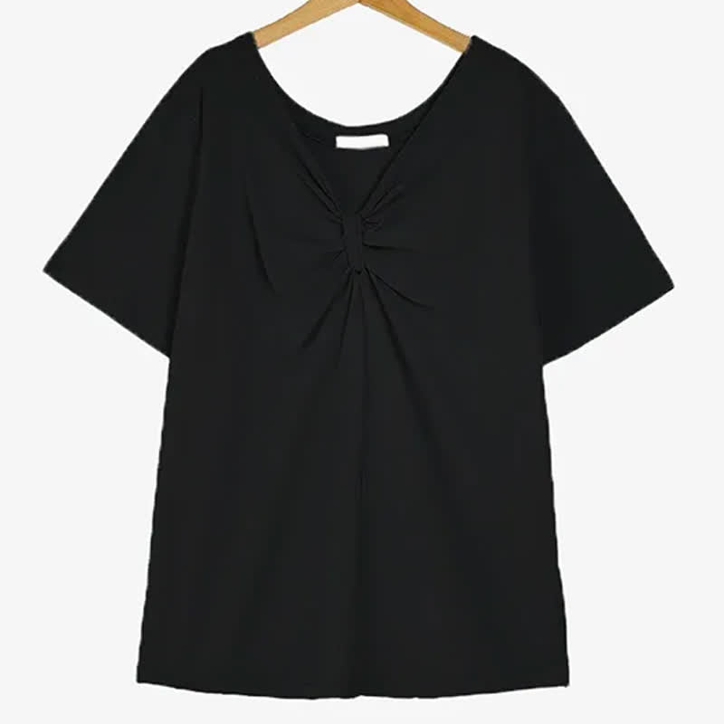 Plus Size Bluse aus dehnbarem Baumwollstoff mit Twist-Detail vorne und V-Ausschnitt - Schwarz - 6XL - image 5