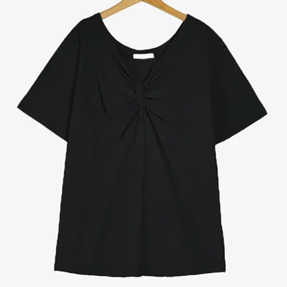 Plus Size Bluse aus dehnbarem Baumwollstoff mit Twist-Detail vorne und V-Ausschnitt - Schwarz - 6XL - image 5