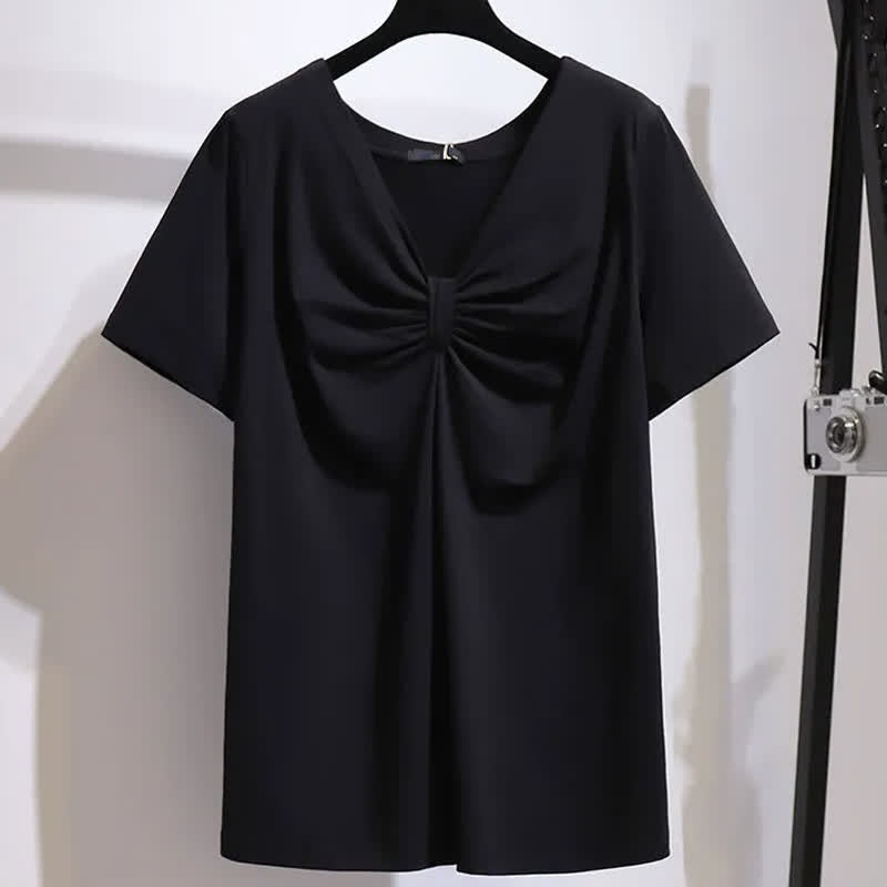 Plus Size Bluse aus dehnbarem Baumwollstoff mit Twist-Detail vorne und V-Ausschnitt - image 1