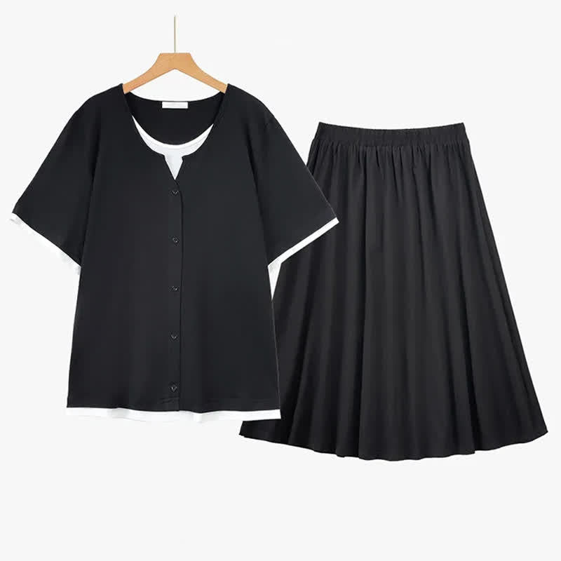 Rock-Set aus weichem Baumwollmischgewebe mit Kontrastbesatz - Schwarz - 6XL - image 5