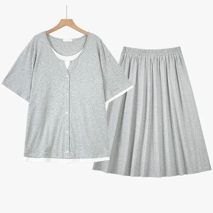 Rock-Set aus weichem Baumwollmischgewebe mit Kontrastbesatz - Grau - 6XL - image 6