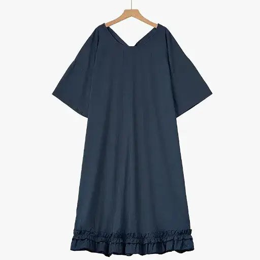 Plus Size marineblaues Midikleid mit Bindeband am Rücken und Rüschensaum - Marineblau - 6XL - image 0