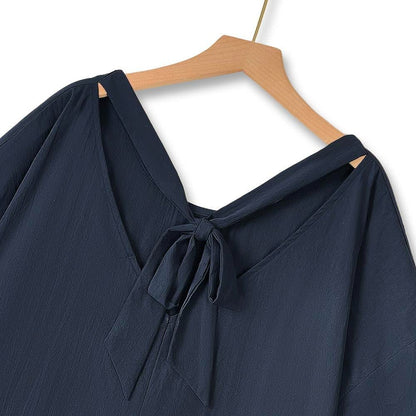Plus Size marineblaues Midikleid mit Bindeband am Rücken und Rüschensaum - image 5