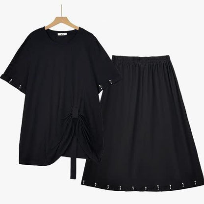 Plus Size Midi-Rock mit seitlicher Bindefläche, Raffungen und kurzen Ärmeln, passendes Set - 2-teiliges Set - 6XL - image 0