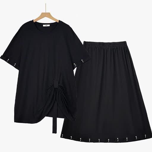Plus Size Midi-Rock mit seitlicher Bindefläche, Raffungen und kurzen Ärmeln, passendes Set - 2-teiliges Set - 6XL - image 0