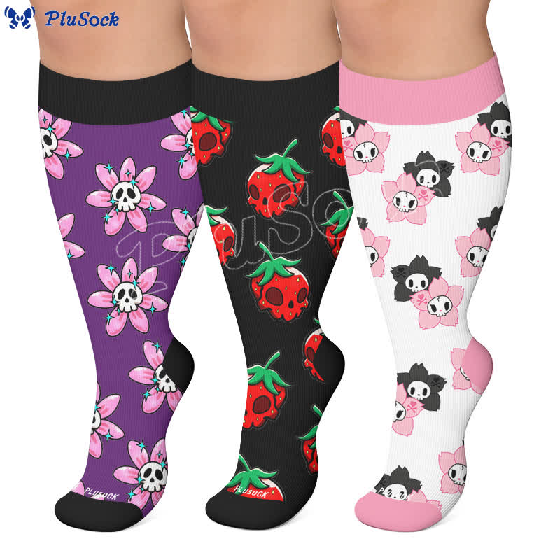 Rosa Totenkopf-Gänseblümchen-Kompressionsstrümpfe in Übergröße - image 0