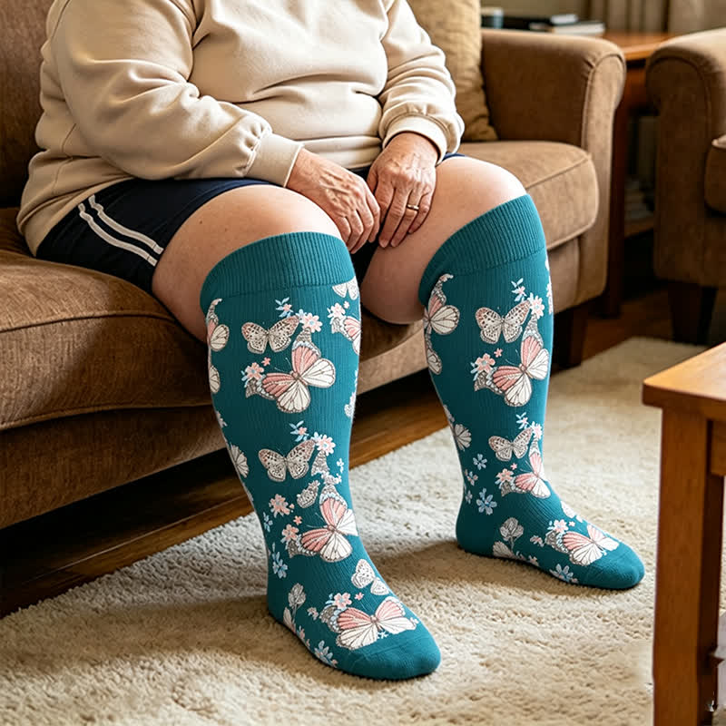 Plus Size Floral Flatter Kompressionsstrümpfe - Blau - 4XL - image 3