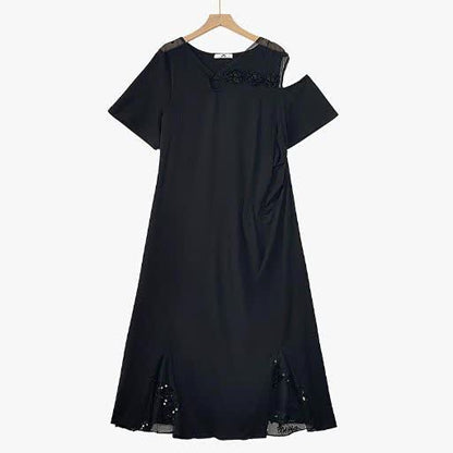 Plus Size Midikleid mit geraffter Taille, Mesh-Einsätzen, V-Ausschnitt und kurzen Ärmeln, V-Ausschnitt - Schwarz - 6XL - image 1