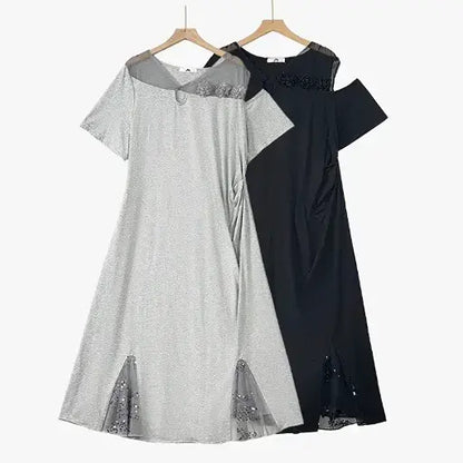 Plus Size Midikleid mit geraffter Taille, Mesh-Einsätzen, V-Ausschnitt und kurzen Ärmeln, V-Ausschnitt - image 0