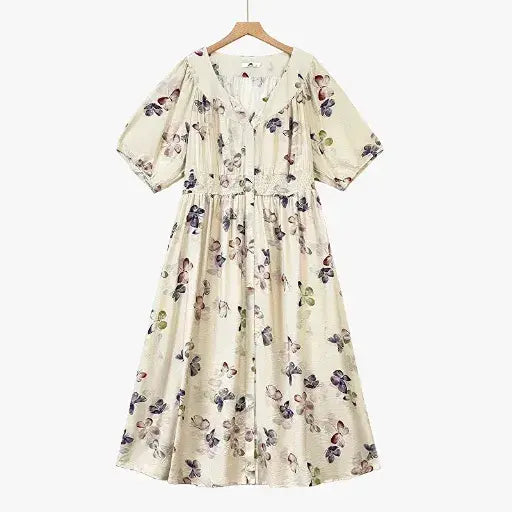 Vintage-Sommerkleider mit Blumenmuster, V-Ausschnitt, Empire-Taille, leicht - Beige - 6XL - image 0