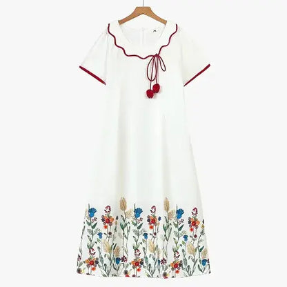 Plus Size Kurzarm-Midikleid mit Quasten und Blumenmuster, geblümt - Weiß - 6XL - image 0