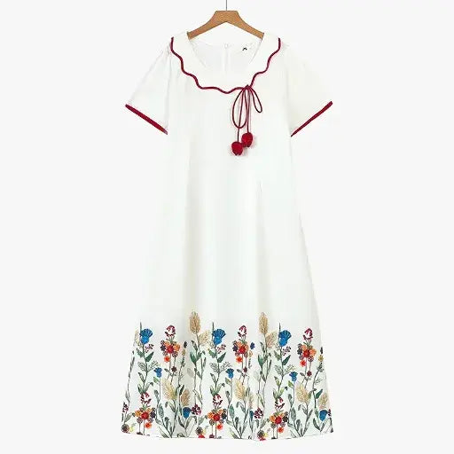 Plus Size Kurzarm-Midikleid mit Quasten und Blumenmuster, geblümt - Weiß - 6XL - image 0