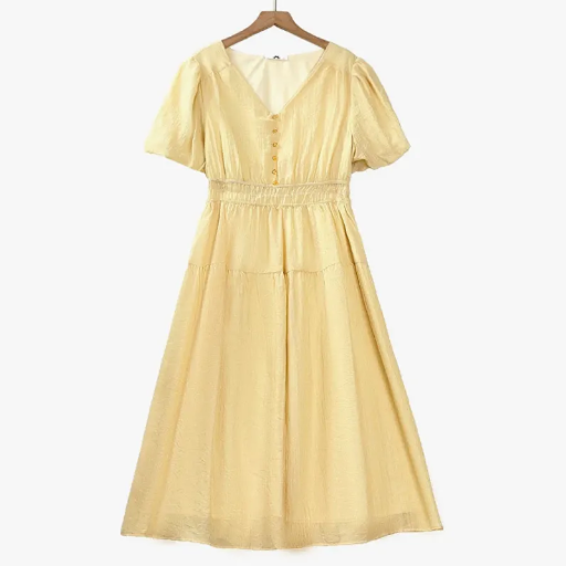 Plus Size Midikleid mit V-Ausschnitt, Puffärmeln und Empire-Taille - Gelb - 6XL - image 0