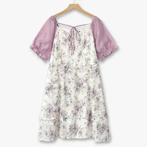 Plus Size Sommerkleider in A-Linie mit eckigem Ausschnitt, Puffärmeln, kontrastierenden Blumenmustern und Stufenrock - Lila - 6XL - image 0