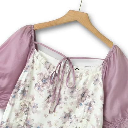 Plus Size Sommerkleider in A-Linie mit eckigem Ausschnitt, Puffärmeln, kontrastierenden Blumenmustern und Stufenrock - image 1