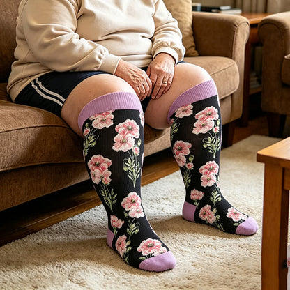 Plus Size Kompressionsstrümpfe mit rosafarbenem Blumenmuster - Lila - 4XL - image 2