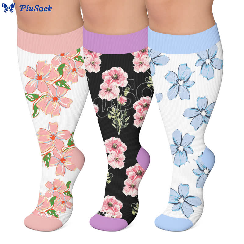 Plus Size Kompressionsstrümpfe mit rosafarbenem Blumenmuster - image 0