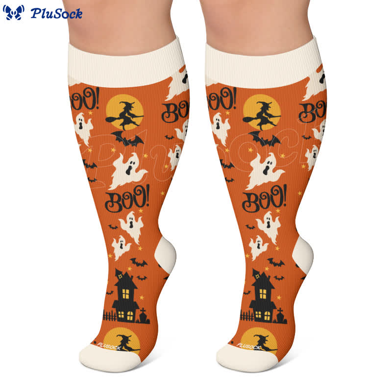 Kompressionsstrümpfe in Übergröße mit Cartoon-Kürbis, Katze und Geist - image 6