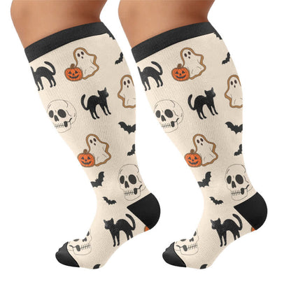 Halloween-Kompressionsstrümpfe in Übergröße mit Kürbis, Katze und Geist - Beige - 4XL - image 7