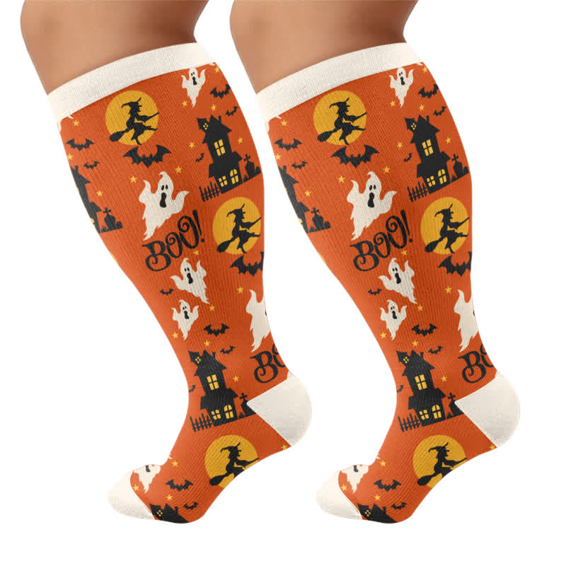 Kompressionsstrümpfe in Übergröße mit Cartoon-Kürbis, Katze und Geist - Braun - 4XL - image 8