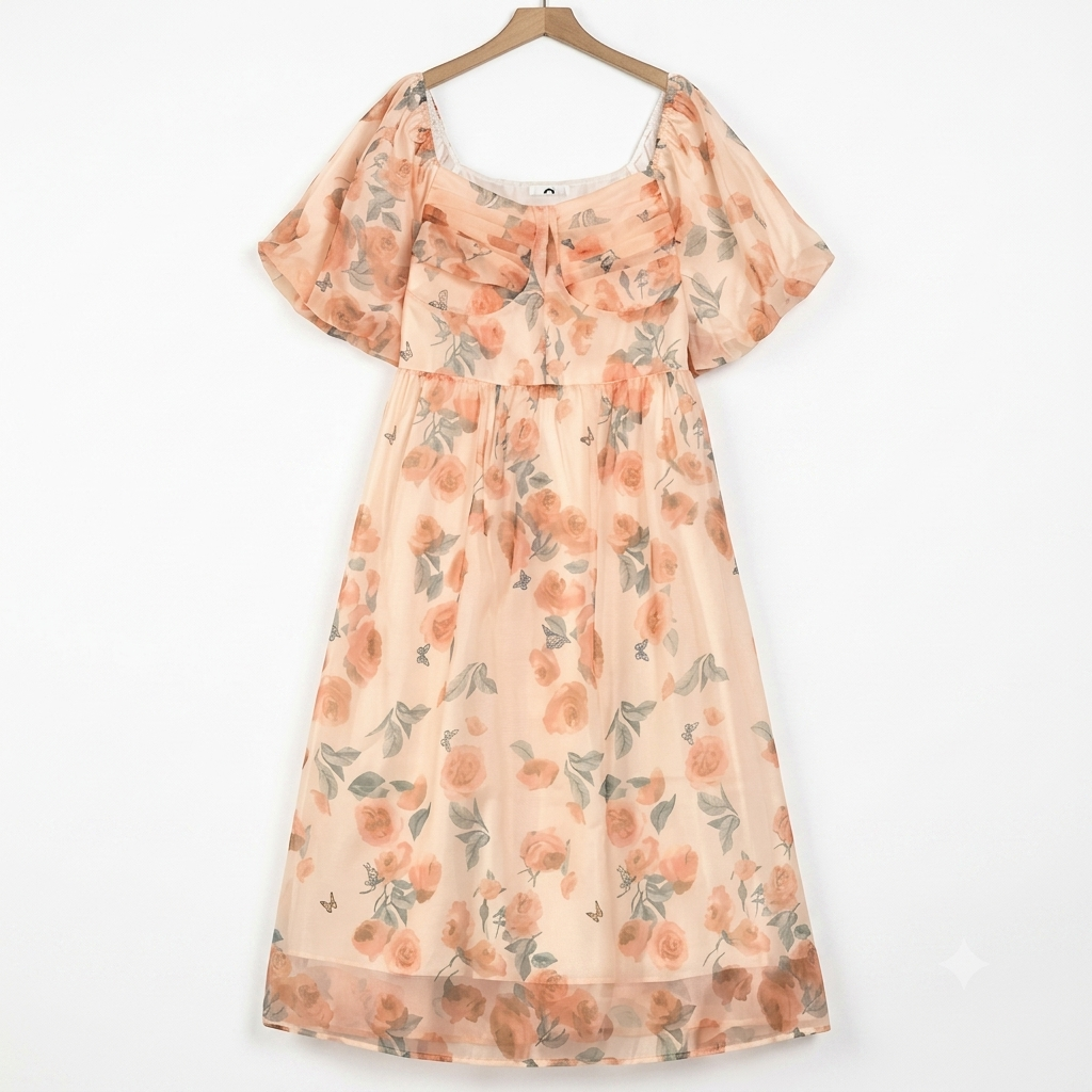 Sommerkleid in Übergröße mit eckigem Ausschnitt, kurzen Puffärmeln, Empire-Taille und Blumenmuster - Rosa - 4XL - image 0