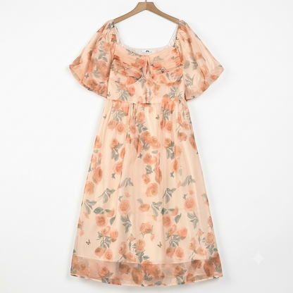 Sommerkleid in Übergröße mit eckigem Ausschnitt, kurzen Puffärmeln, Empire-Taille und Blumenmuster - Rosa - 4XL - image 0