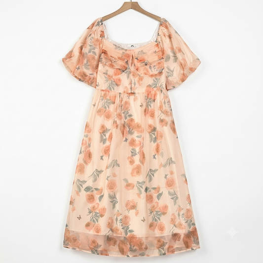 Sommerkleid in Übergröße mit eckigem Ausschnitt, kurzen Puffärmeln, Empire-Taille und Blumenmuster - Rosa - 4XL - image 0