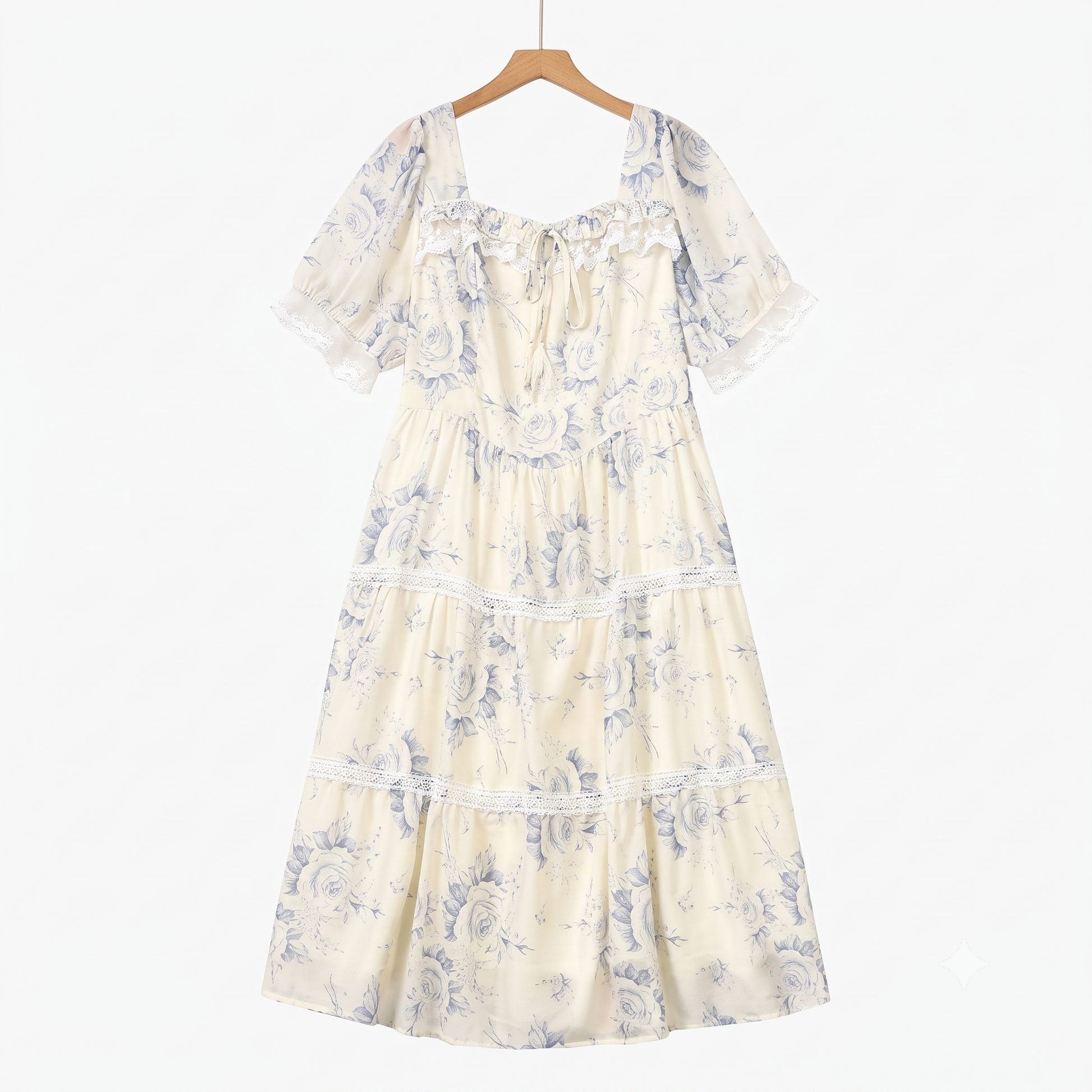 Sommerkleid mit eckigem Ausschnitt, kurzen Puffärmeln, Spitzenbesatz und Stufenrock - Beige - 6XL - image 0
