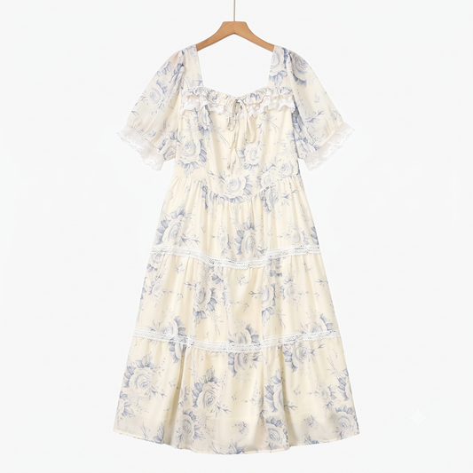 Sommerkleid mit eckigem Ausschnitt, kurzen Puffärmeln, Spitzenbesatz und Stufenrock - Beige - 6XL - image 0