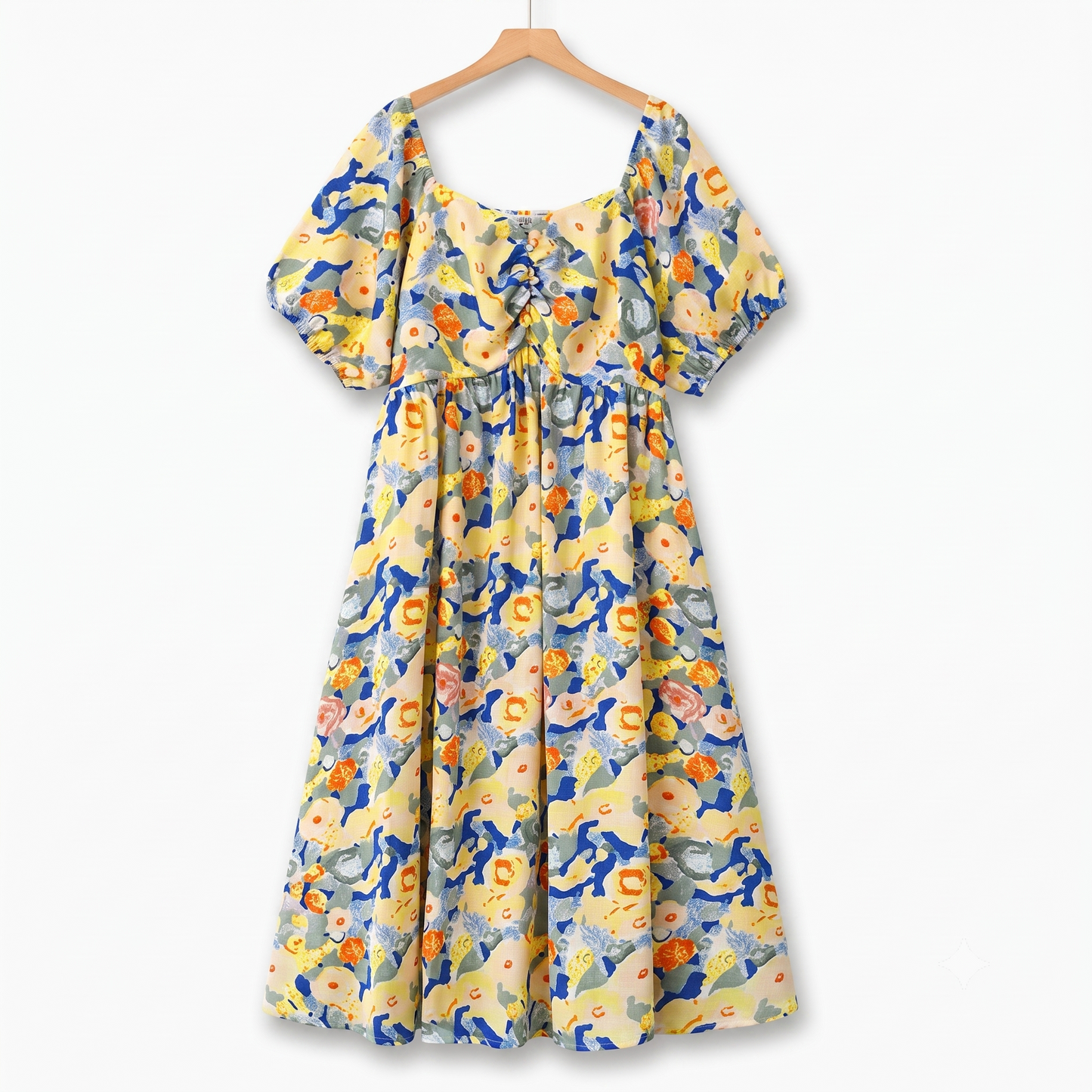Leichtes Sommerkleid in Übergröße mit Empire-Taille, Blumenmuster, kurzen Ärmeln und Puffärmeln - Gelb - 6XL - image 0