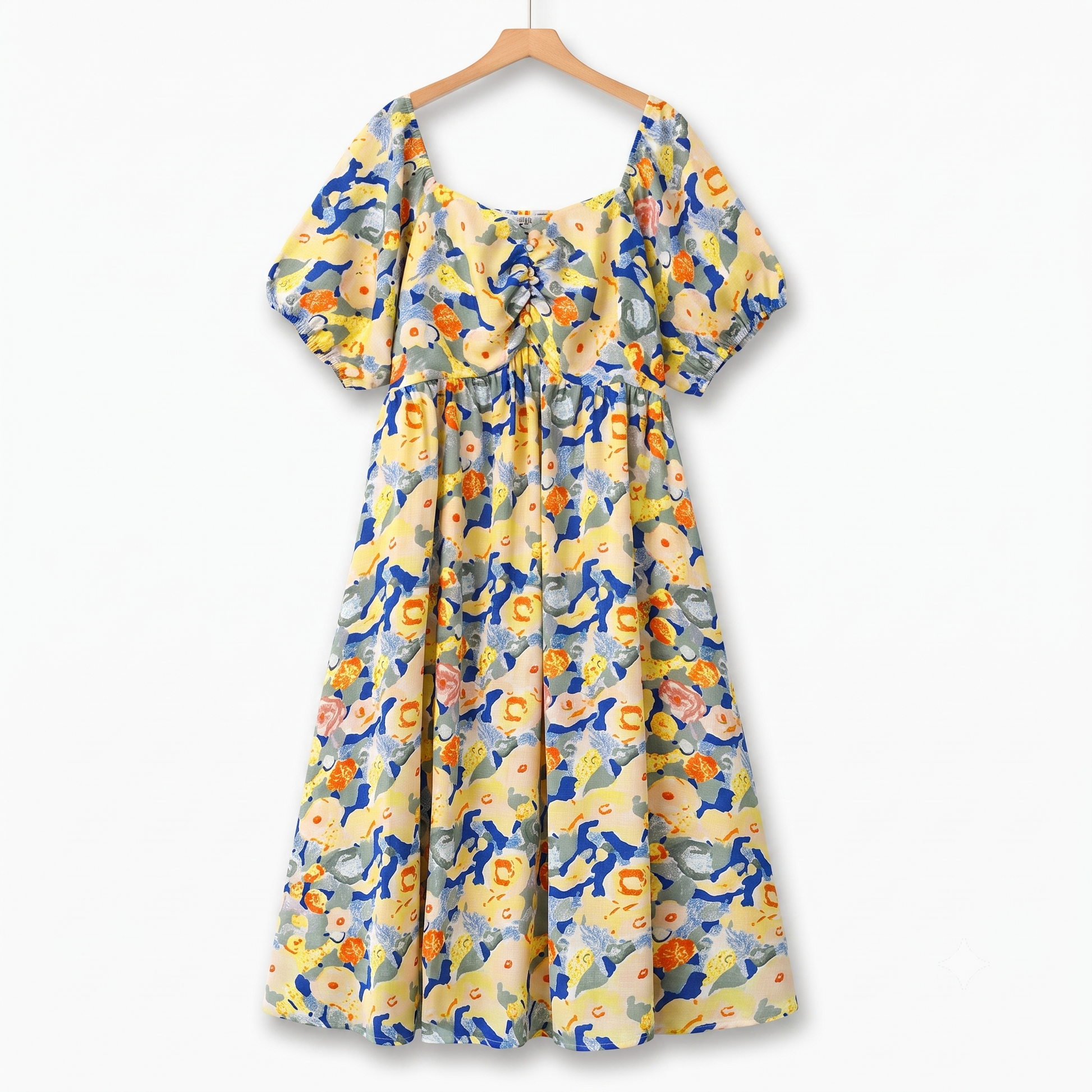 Leichtes Sommerkleid in Übergröße mit Empire-Taille, Blumenmuster, kurzen Ärmeln und Puffärmeln - Gelb - 6XL - image 0