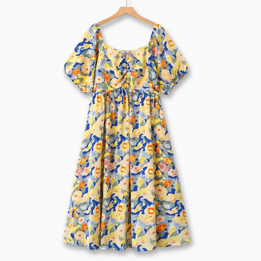 Leichtes Sommerkleid in Übergröße mit Empire-Taille, Blumenmuster, kurzen Ärmeln und Puffärmeln - Gelb - 6XL - image 0
