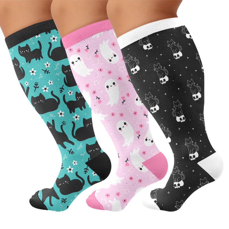 Chaussettes de compression grande taille avec chat fantôme de dessin animé - image 4