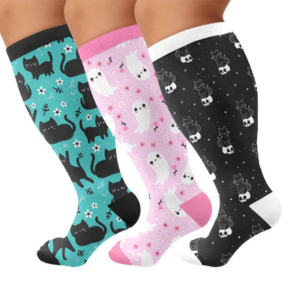 Chaussettes de compression grande taille avec chat fantôme de dessin animé - image 4