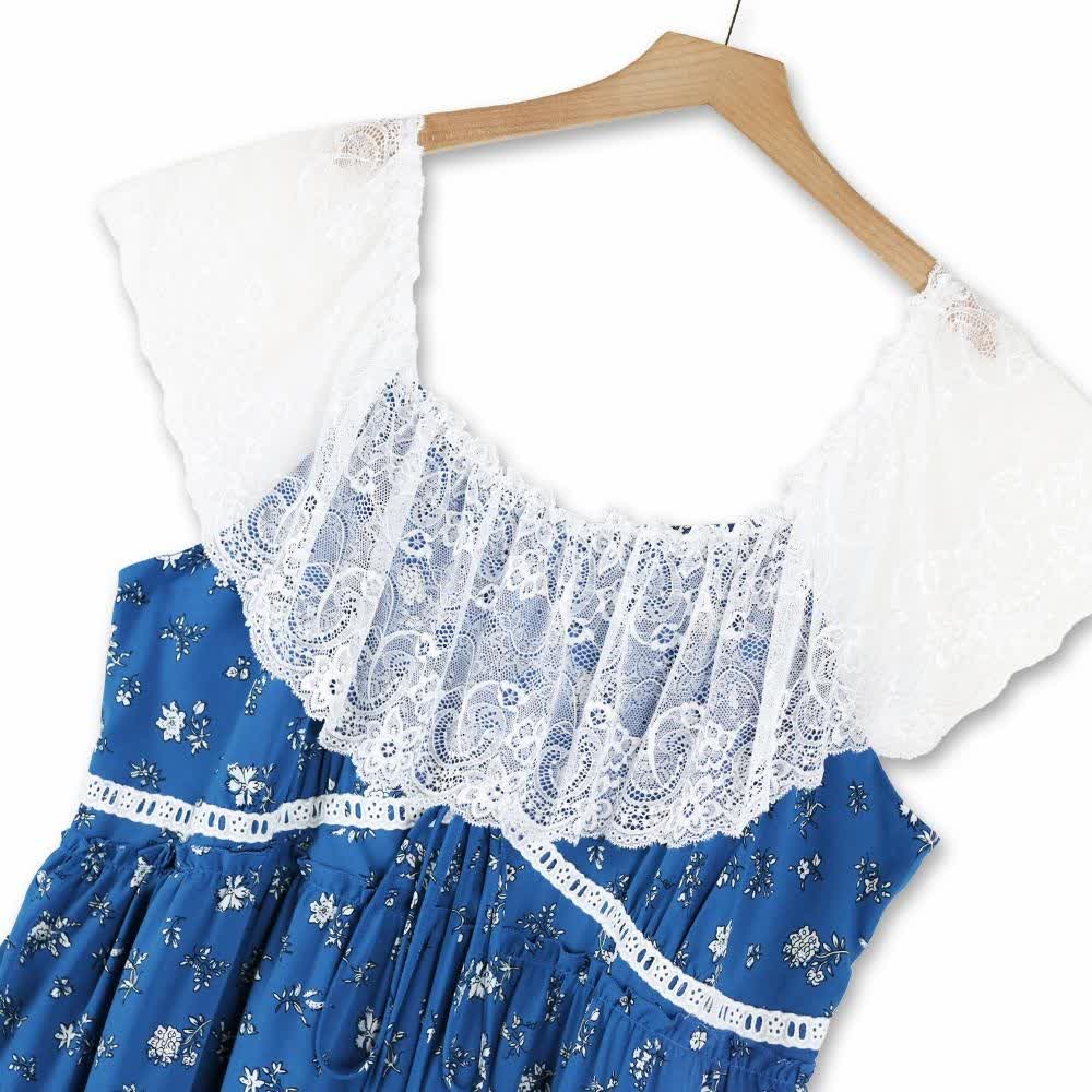 Plus Size Sommerkleid in Midi-Länge mit Spitze, flatternden Ärmeln, zartem Blumenmuster und Stufenrock - image 1