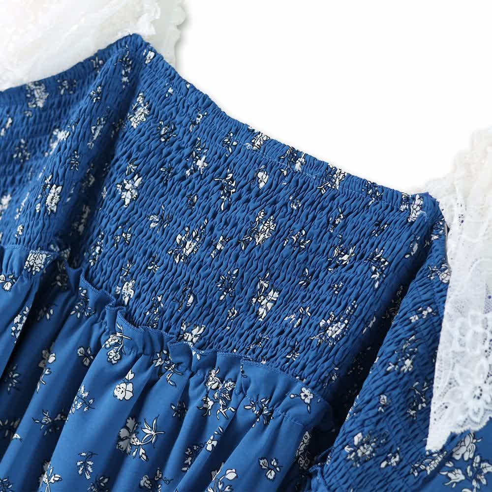 Plus Size Sommerkleid in Midi-Länge mit Spitze, flatternden Ärmeln, zartem Blumenmuster und Stufenrock - image 2