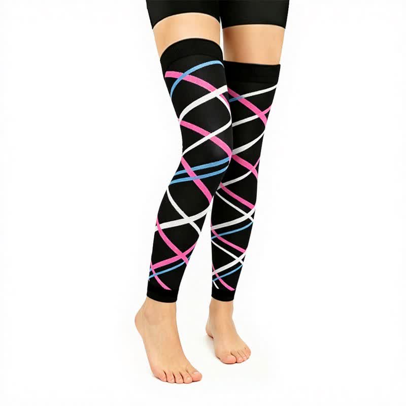 Schwarze und pinke Kompressionsärmel mit Farbblock-Design, oberschenkelhoch (3 Paar) - Streifen - L/XL - image 1